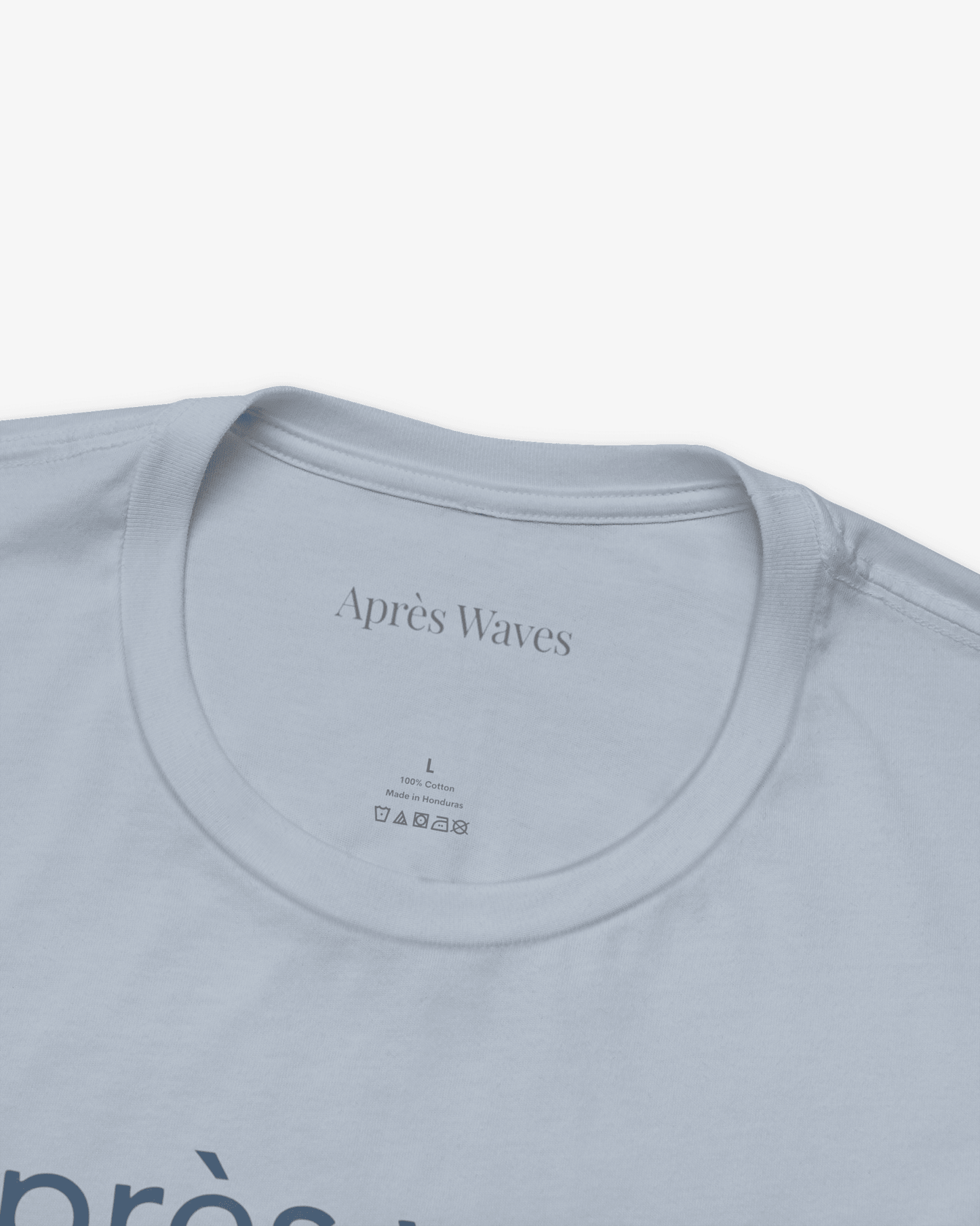 Dawn Patrol Light Blue tee collar detail - Après Waves