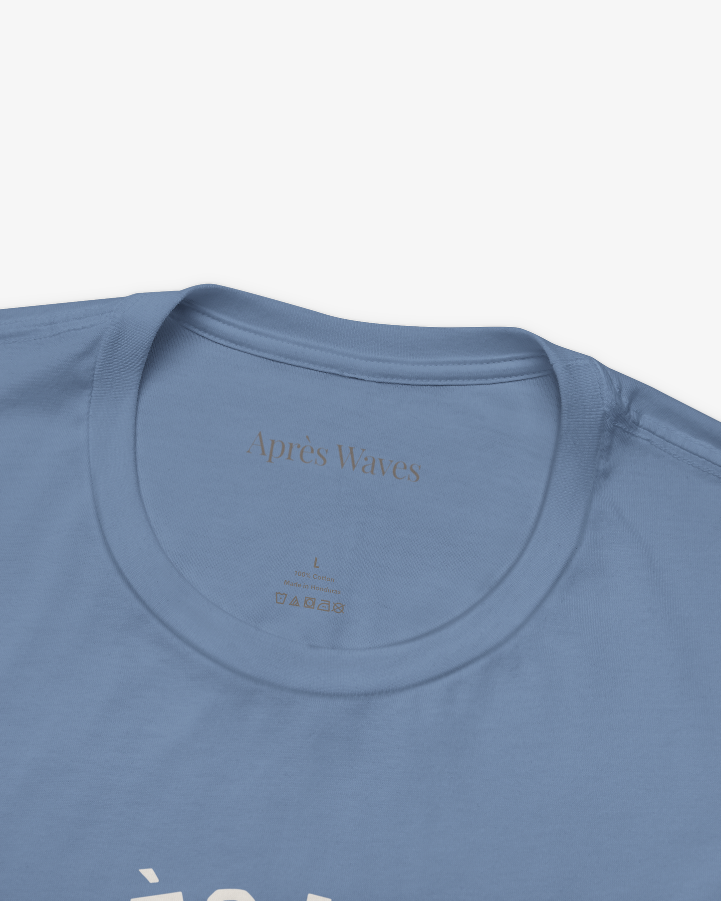 AW Social Club Steel Blue tee collar detail - Après Waves