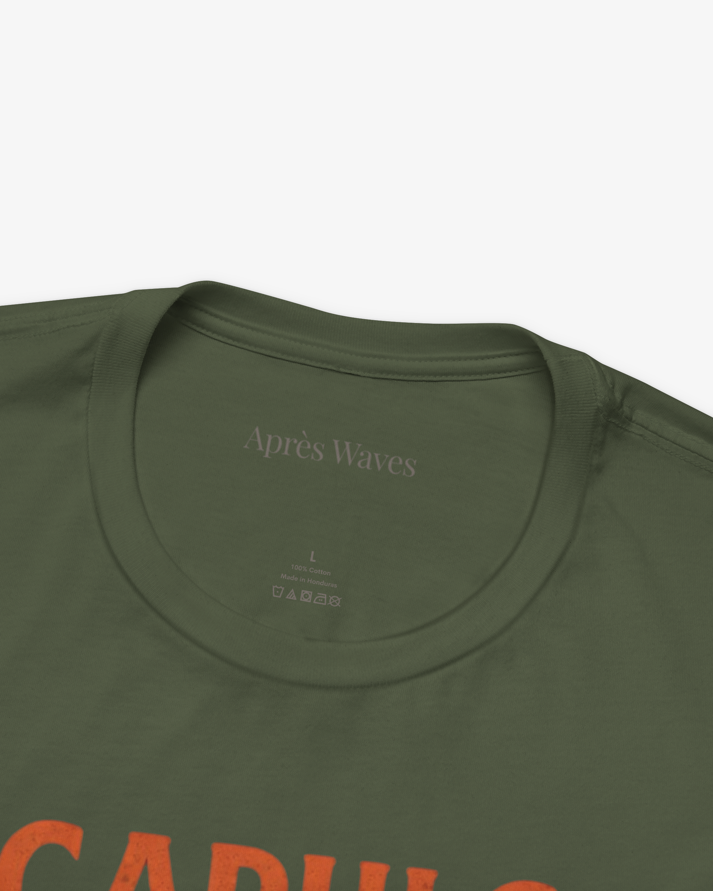 Swanning Around Military Green tee collar detail - Après Waves