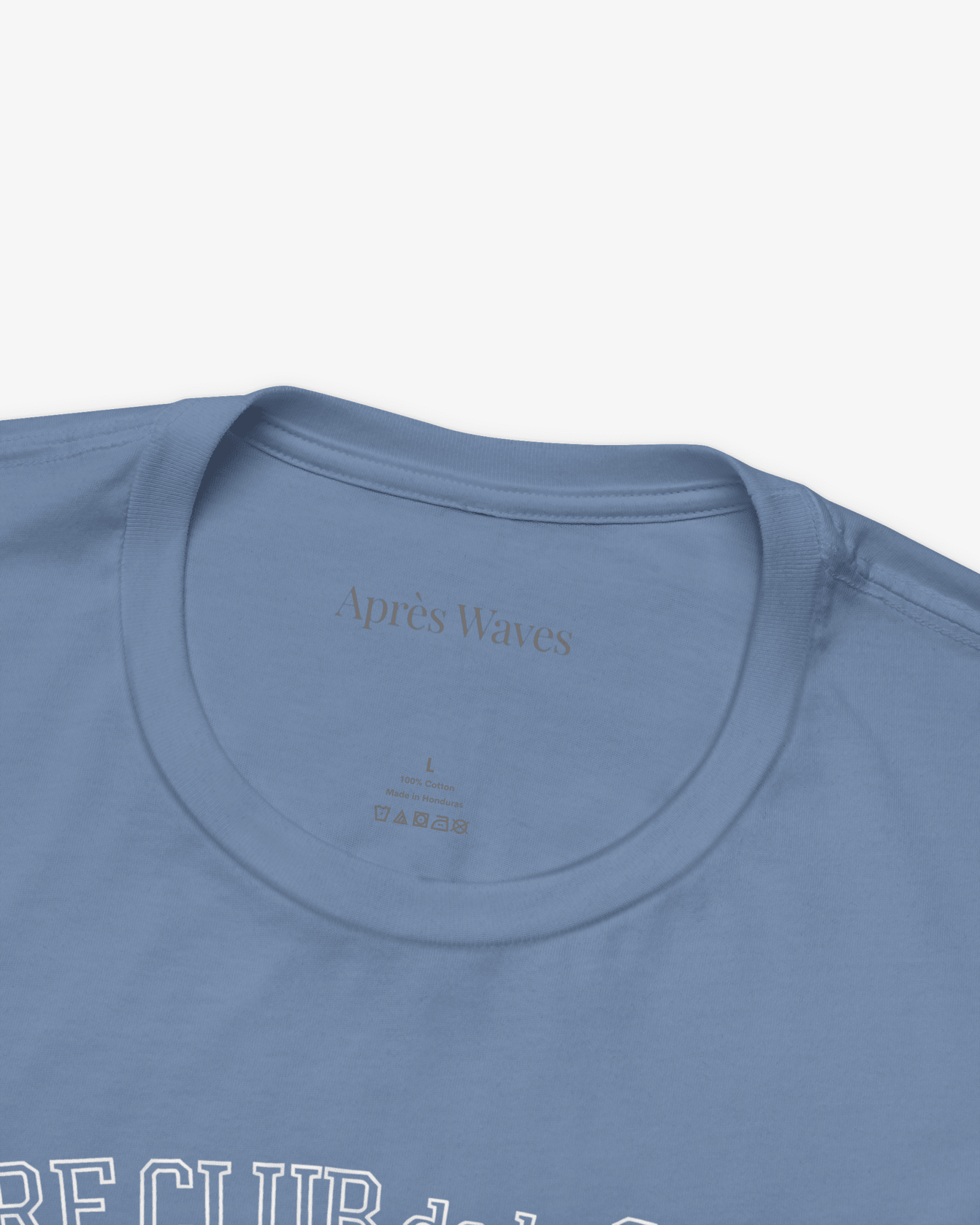 Paris Surf Club Steel Blue tee collar detail - Après Waves